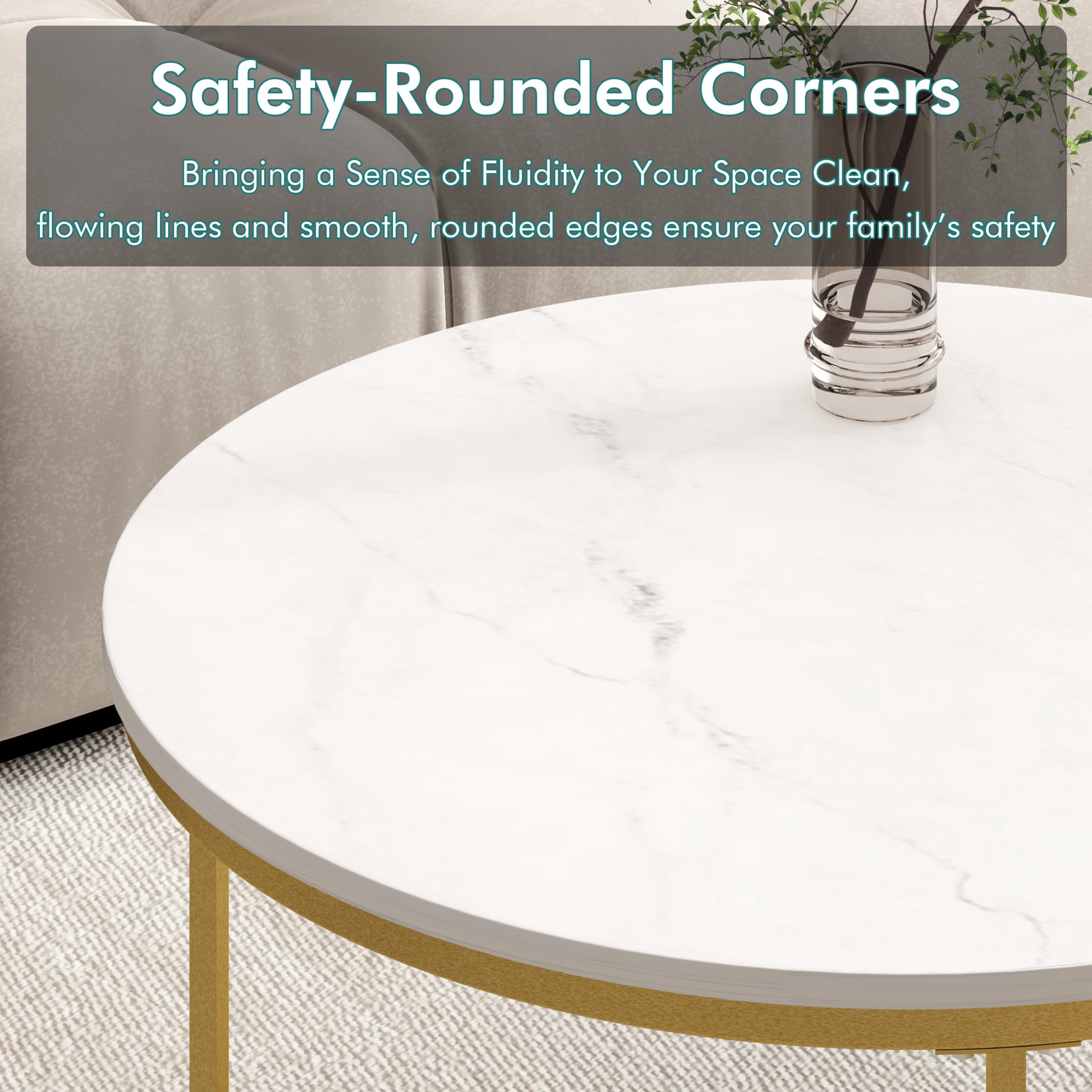 Noble House 27.6" Round Nesting Coffee Table with Marble Top, Wooden Side End Tables for Living Room, White, Set of 2