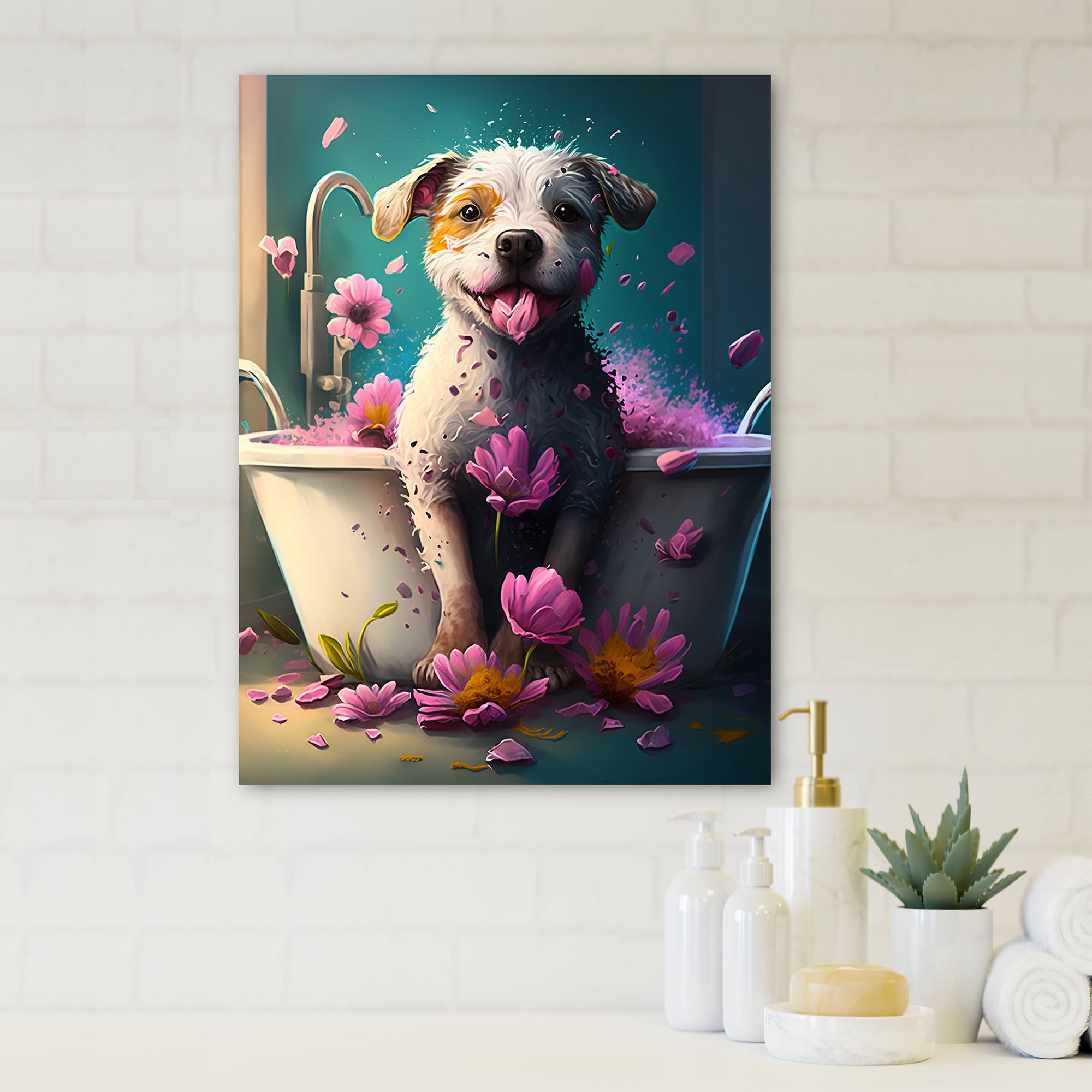 Designart Colorful Cartoon Dog In The Tub Canvas Wall Art