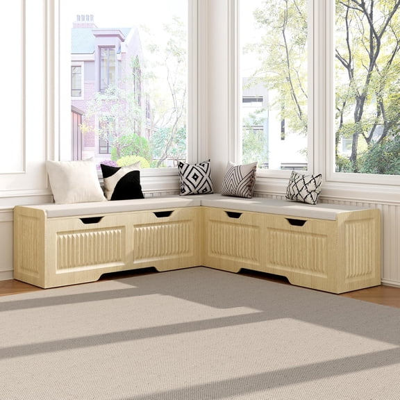 63" L-Shape Storage Bench w/ Cushion & Hidden Storage, Corner Bench, Natural | Fits Corners, Flip-up Storage, 5cm Thick Cushion. For Dining/Kitchen/Entryway.