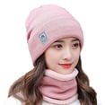 thumbnail image 2 of Guiexla 2 Pcs/Set Women Winter Hat Scarf Set Knitted Thickened Solid Color Warm Windproof Elastic Anti-slip Plush Cycling Neck Wrap Beanie Set Lady Neck Warmer Cap Set, 2 of 8