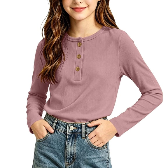Khunlpohl Kids Undershirts Knitted Button Round Neck Long Sleeve Shirts Fall Solid Color Casual Tops 1-9 Years