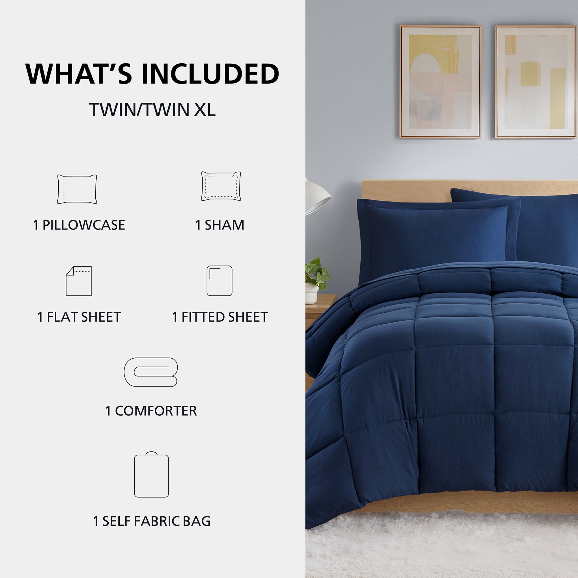 Mainstays All in One Down Alt Reversible Comforter and Sheet set- 5 Piece, Twin, Navy