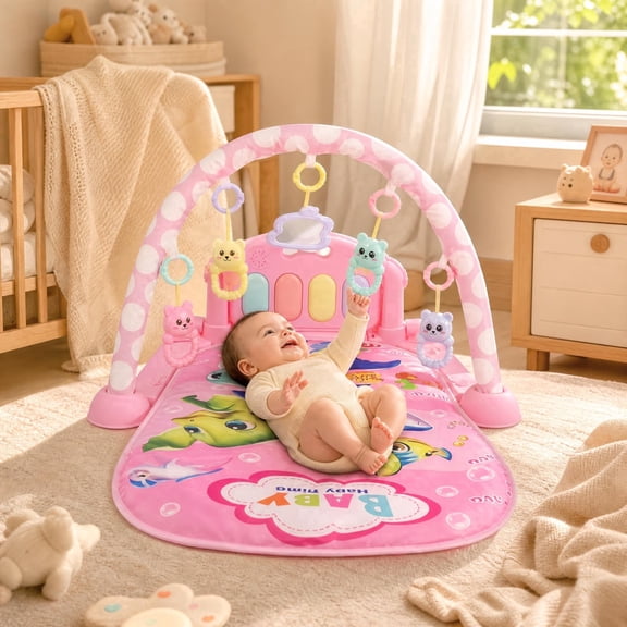 Jonster Baby Gym Mat for Infant, Tummy Time Mat with 5 Infant Sensory Baby Toys & Musical Piano Activity for 0-12 Months, Pink