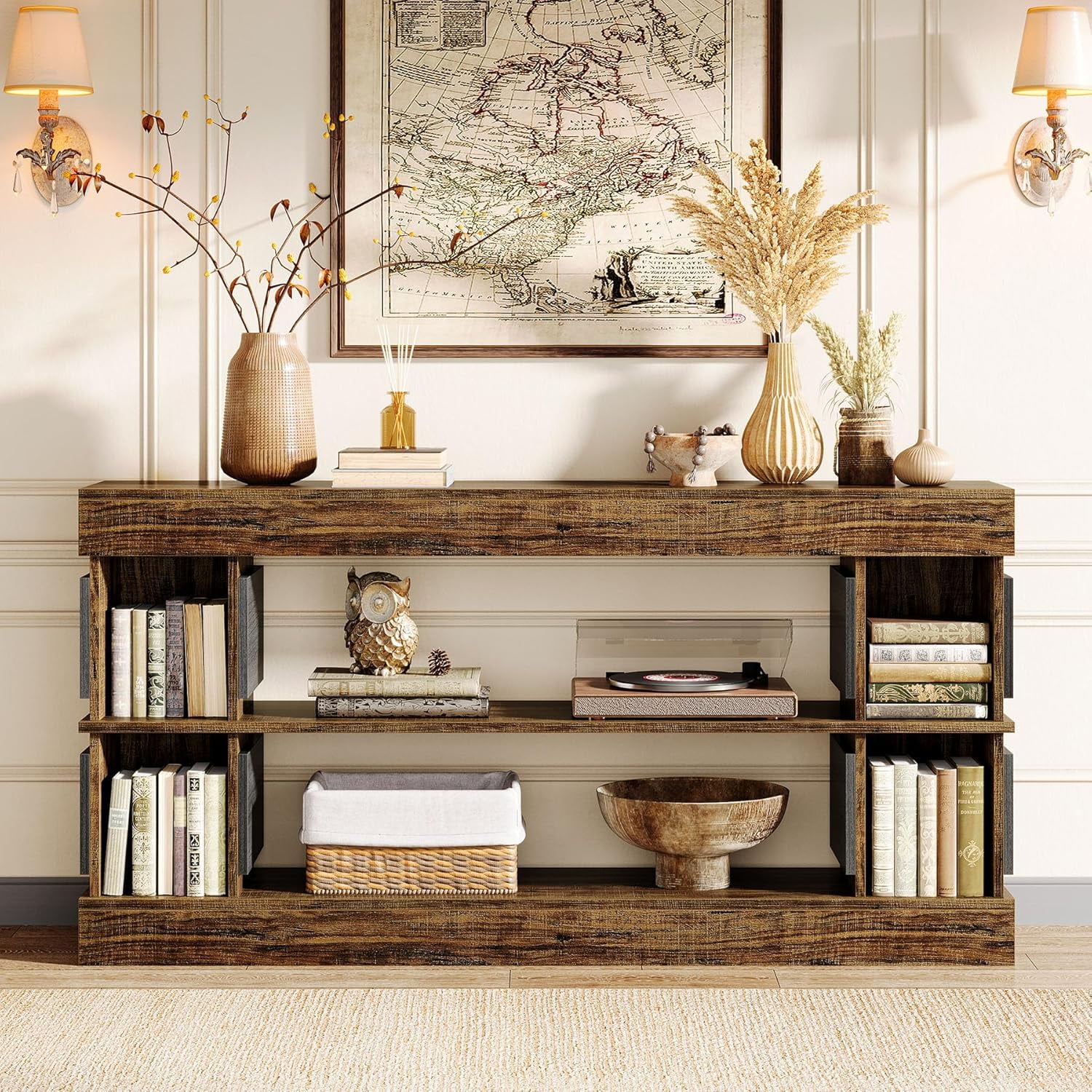 Tribesigns Console Table with Storage, 63" Wood Entryway Table, 3-Tier Farmhouse Behind Couch Table