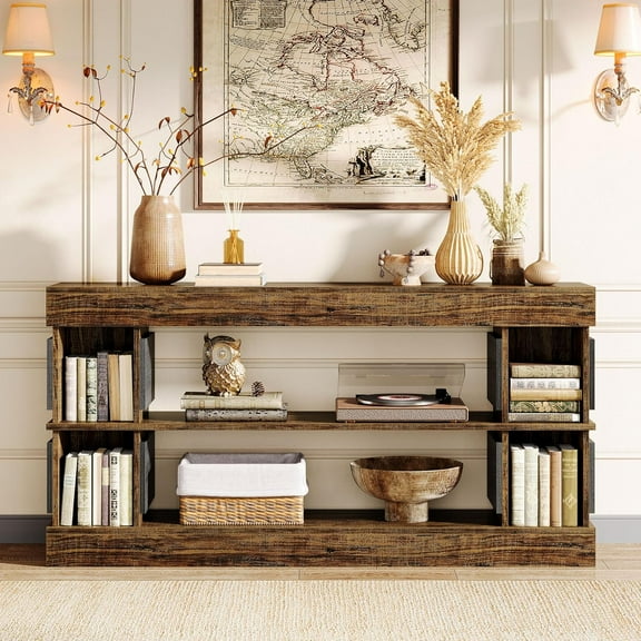 Tribesigns 63" Long Console Table with Storage, Wood Entryway Table, 3-Tier Farmhouse Behind Couch Table with 4 Compartments for Entrance, Living Room, Rustic Brown & Black