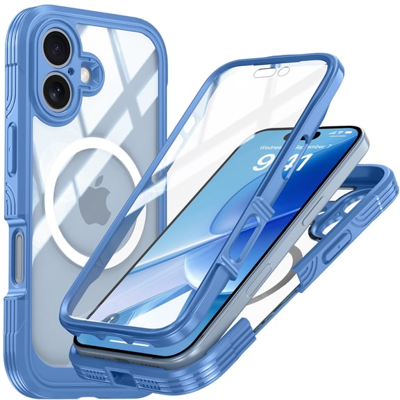 For iPhone 16 Plus Case Compatible with MagSafe, Full Body Rugged Shockproof with Built-in Screen Protector, 360 Degree Military Grade Drop Protection Clear Back Magnetic Cover, Blue