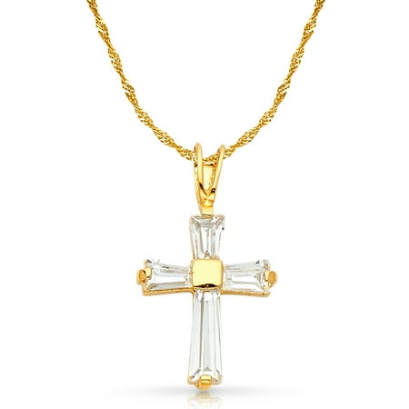 - 14K White Gold Fancy Cross Tapered Baguette Cubic Zirconia CZ Charm Pendant with 1.2mm Singapore Chain Necklace