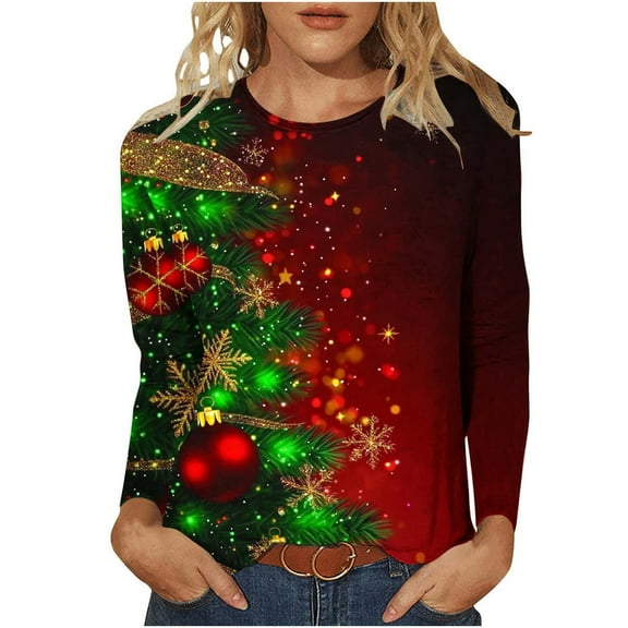 asdoklhq Christmas Turtleneck Sweater Women Christmas Women's Fashion Tees Casual Round Neck Loose T Shirt Long Sleeve Christmas Print Shirt Multicolor 3X