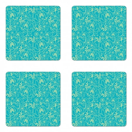 

Yellow and Blue Coaster Set of 4 Classic Floral Twig Leaves Blooms Petals Essence Flowers Design Square Hardboard Gloss Coasters Standard Size Turquoise Pale Yellow by Ambesonne