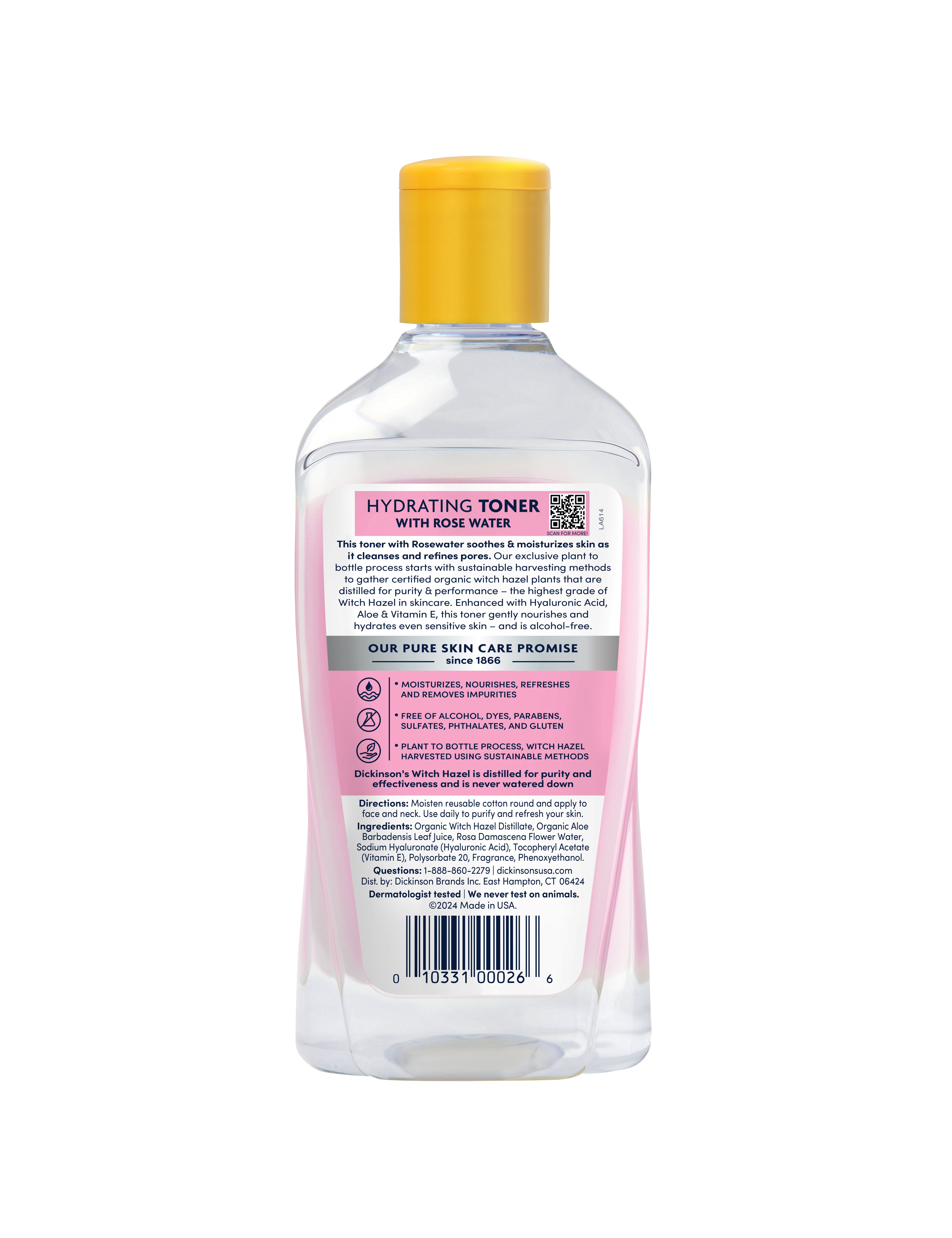 Dickinson's Hydrating Witch Hazel Toner with Rosewater, Alcohol Free, 16 fl oz