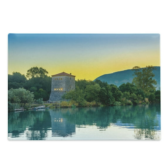 East Cutting Board, Venetian Tower Archaeological Site National Park at Sunrise Lake Sanctuary Landscape, Decorative Tempered Glass Cutting and Serving Board, Large Size, Blue Green, by Ambesonne