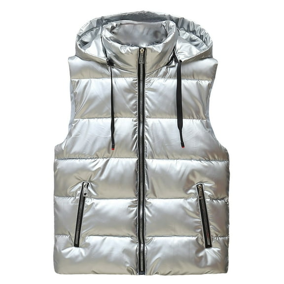Pimfylm Down Vest for Men Casual Sleeveless Warm Men's Vest Trendy Shiny Hooded Zipper Vest