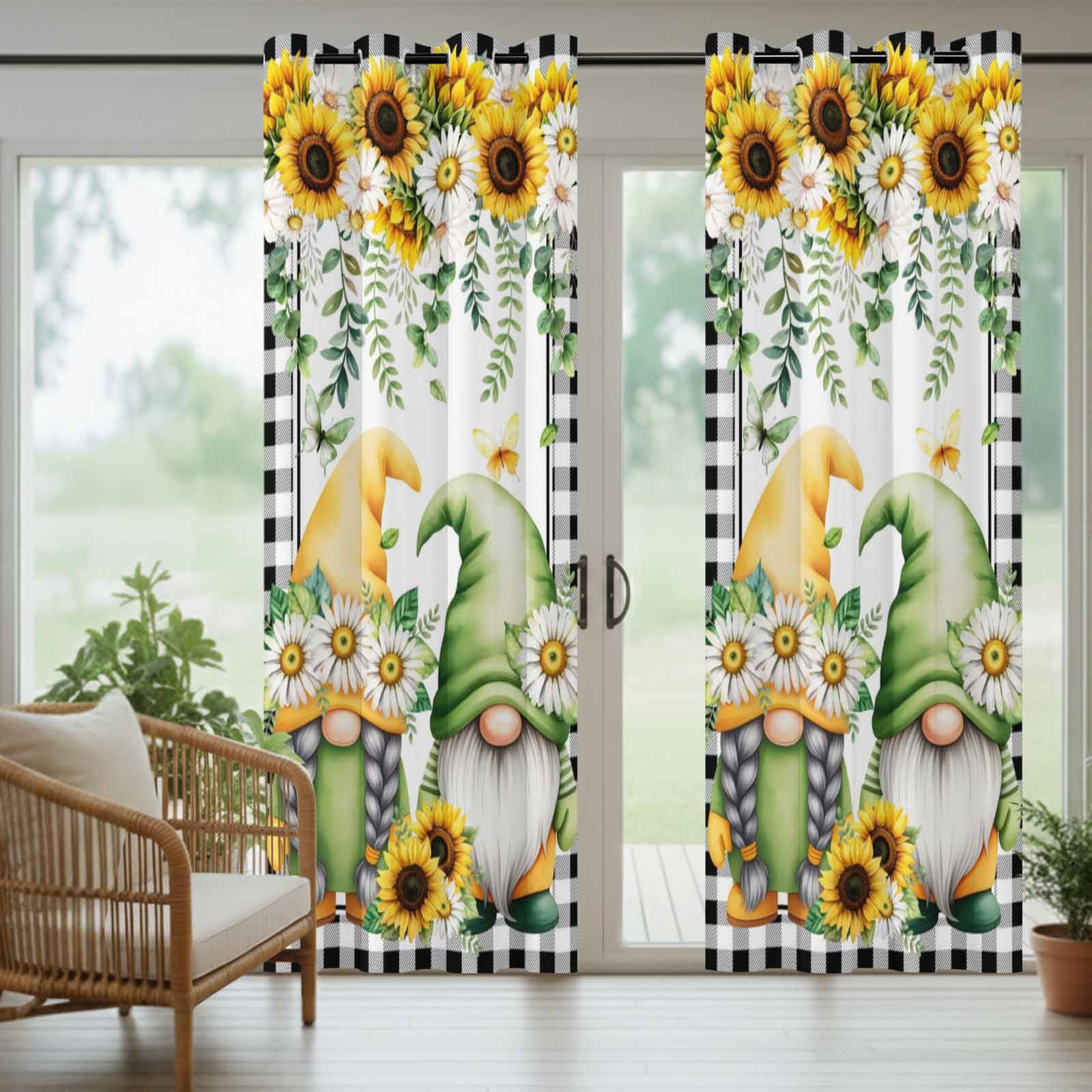 1 Panel Outdoor Curtains for Patio Waterproof 54"x108" Sunflower Gnomes Weatherproof Privacy Outsides Curtains, Spring Farmhouse Country Daisy Leaf Plaid Grommet Thermal Drapes for Cabana Porch