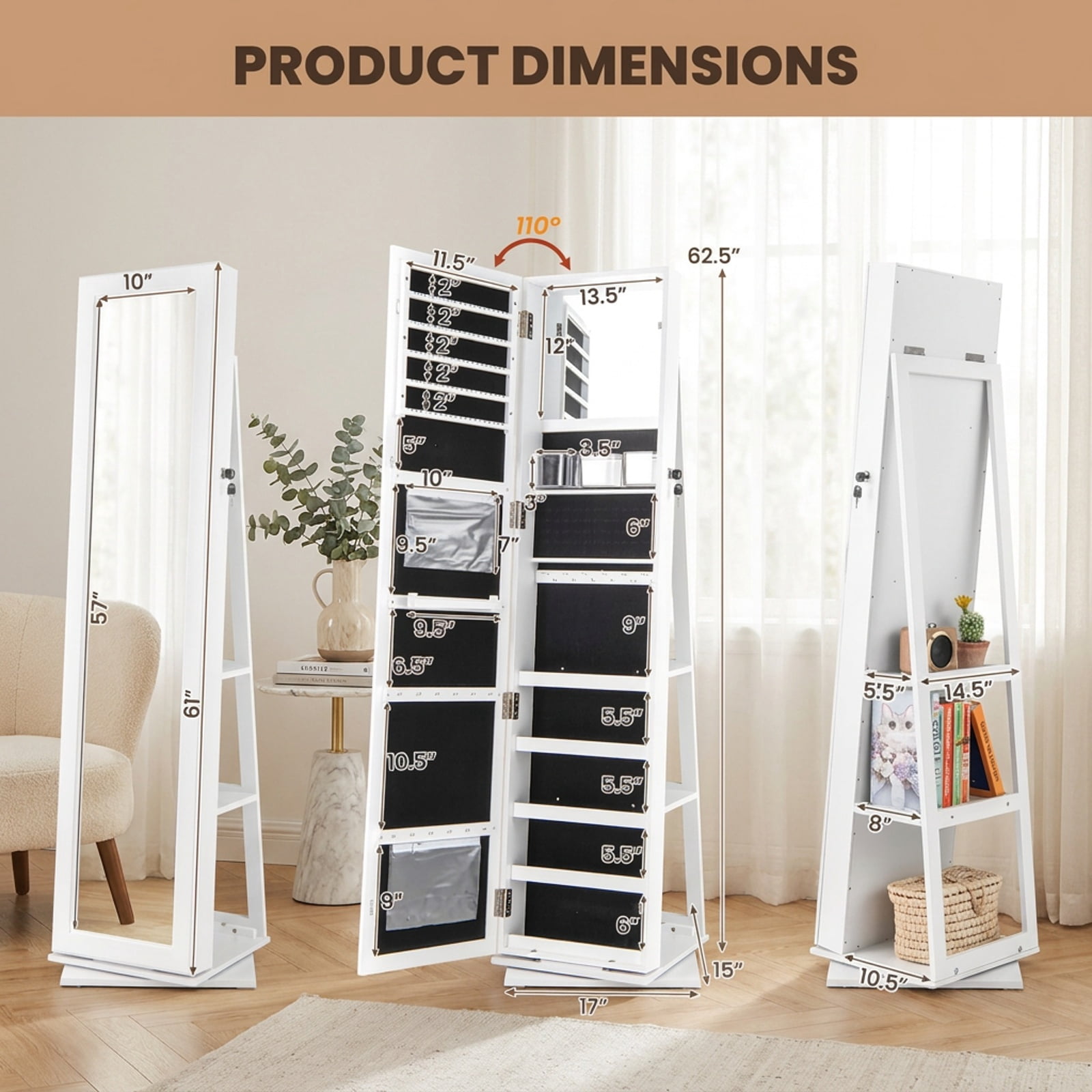 Furnibear 360° Swivel Jewelry Armoire Standing Jewelry Organizer with Full Length Mirror and Back Shelves for Bedroom Dressing Room Jewelry, White