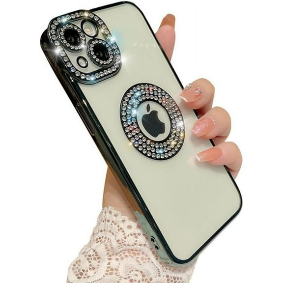 Compatible with iPhone Case,Luxury Glitter Bling Sparkly Diamond Rhinestone Bumper Camera Lens Protection Transparent Clear Soft Shockproof Cover Phone Case (Green, iPhone 14 Plus)