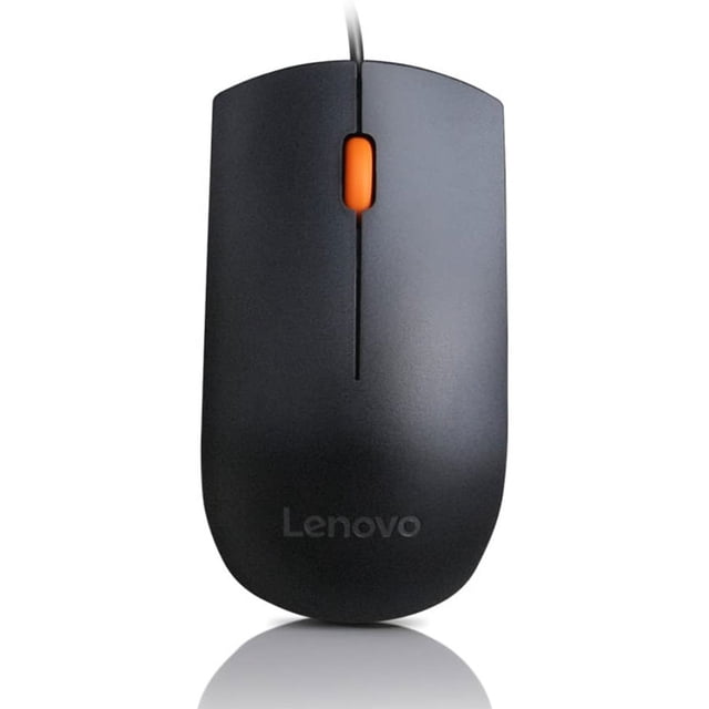 mouse gaming lenovo gx30m39704 negro, vista frontal centrada de mouse USB negro con acabado mate, rueda de desplazamiento naranja y cable superior; silueta ambidiestra y logo Lenovo en la parte inferior, suele usarse también para navegación y trabajo en PC.