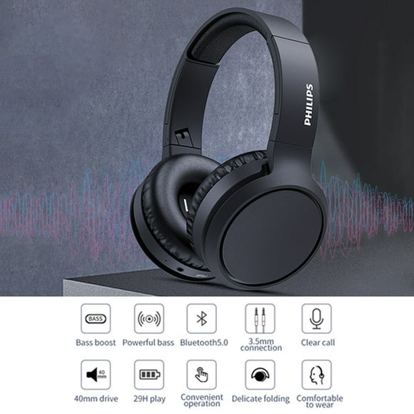 Auriculares Inalámbricos de Diadema con Micrófono/Bluetooth, Aislamiento de Sonido, 29h de Reproducción, Carga Rápida/Cascos Inalámbricos Philips H5205BK/00 Philips H5205