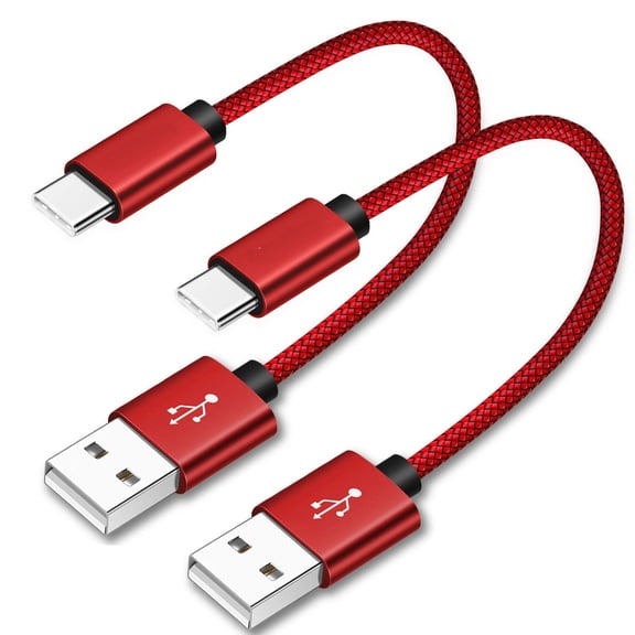 TianQiW USB C Cable 2 Pack 30CM Red, Short USB A to Type C Braided Fast Charging Cord for Power Bank, Car Charger, Samsung Galaxy and USB C Phones