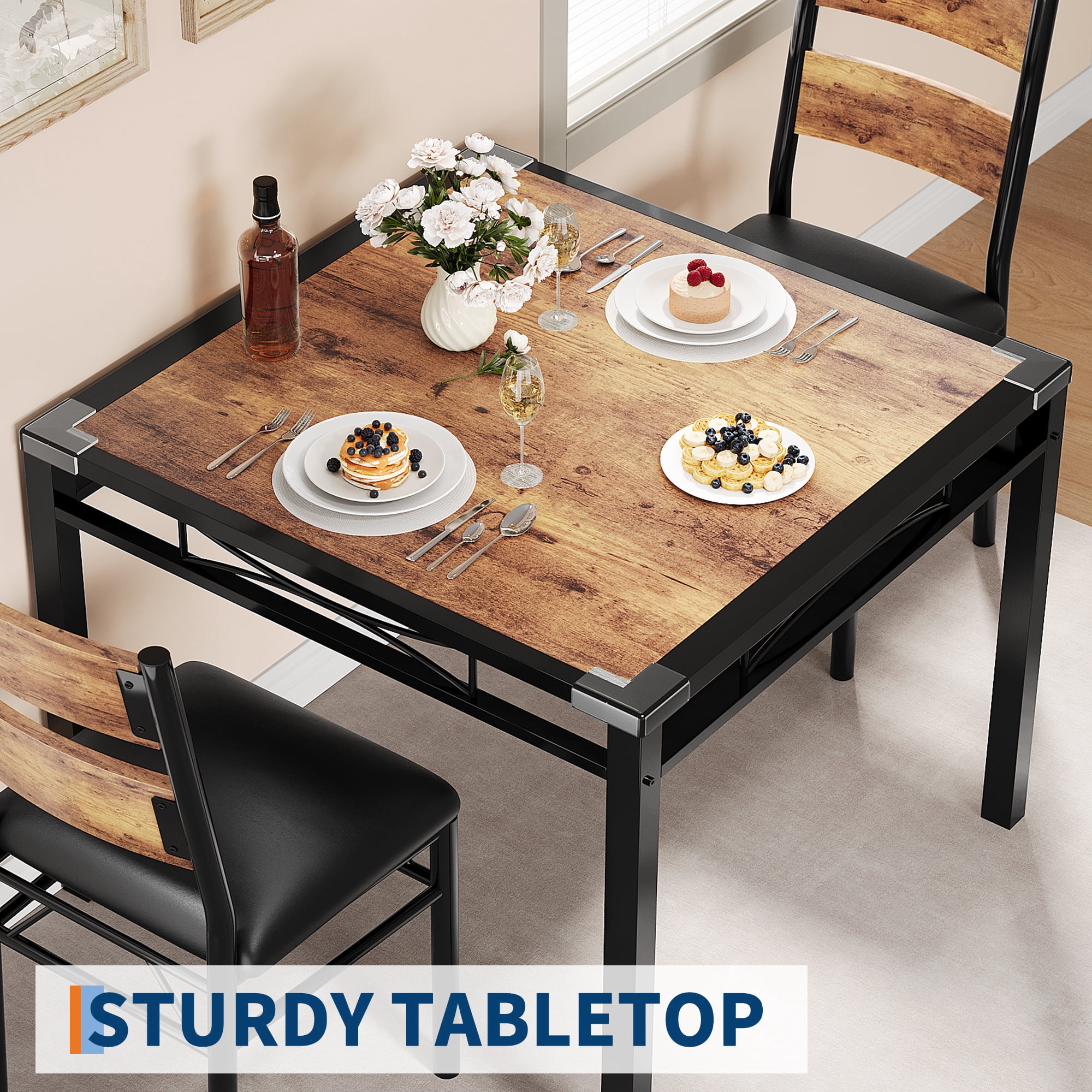 Space-Saving Dining Table Set for 2 – Vintage Brown Compact Kitchen & Bistro Furniture, Upholstered Chairs, Sturdy Metal Frame, Corner Protectors, Easy Assembly (Color: Vintage color