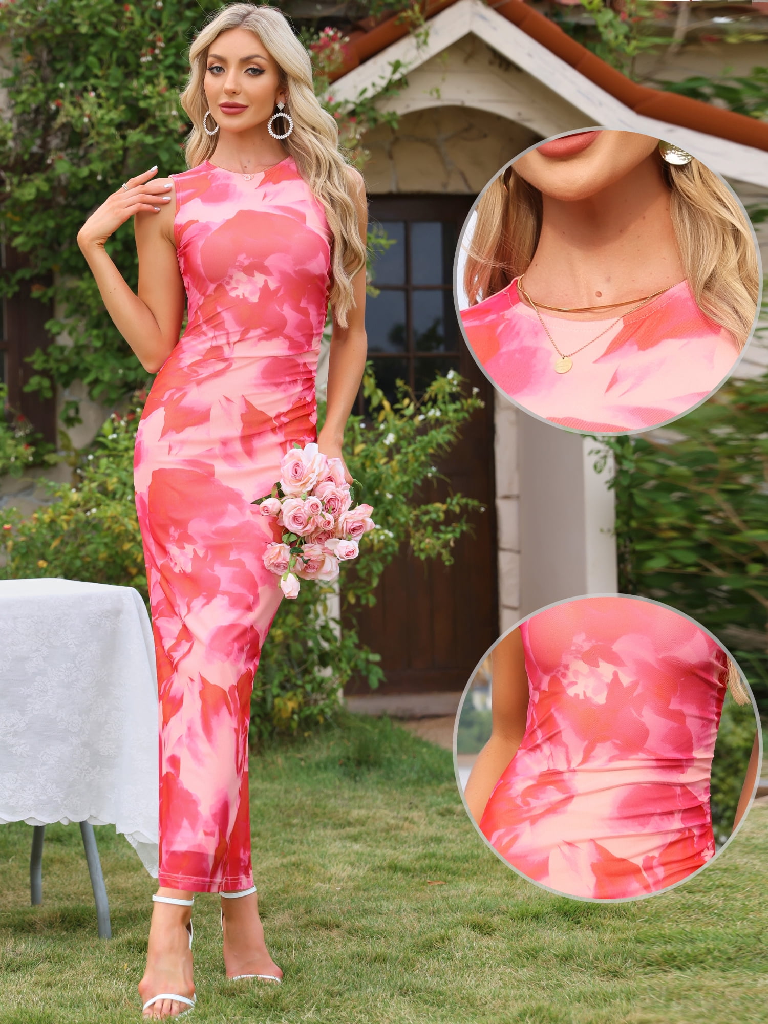 DARING DIVA Women's Elegant Floral Sleeveless Ruched Maxi Dress XL Pink