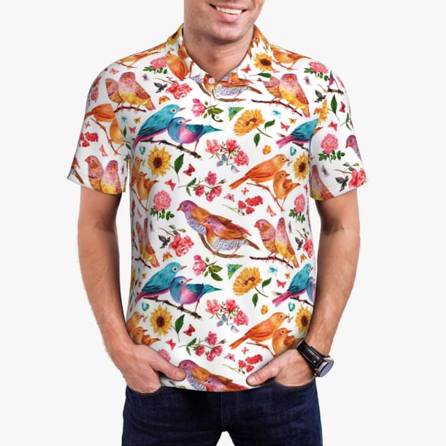 Fotbe Flowers Birds And Butterflies Camiseta Polo de Golf para Hombre con Estampado – Camisa Deportiva Transpirable con Cuello Abotonado-XX-Large