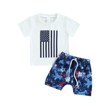 

aturustex Baby Boys Summer Outfits Short Sleeve National Flag Printed T-Shirt Tops+Stars Printed Shorts (White)