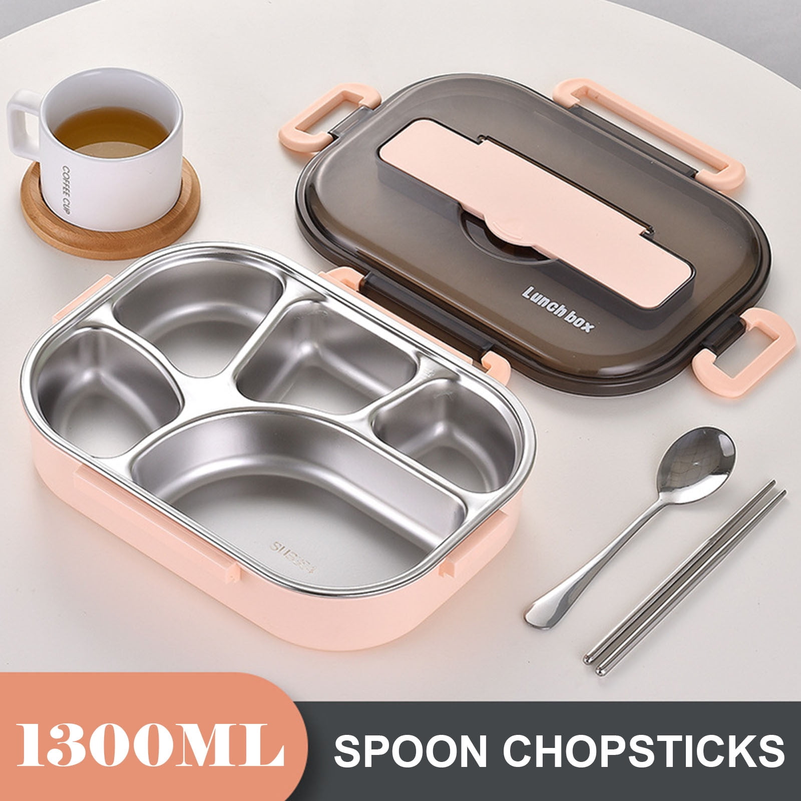 Herrnalise Large Stainless Steel Lunch Container - Five Section Design Holds a Variety of Foods - Metal Bento Box - Dishwasher Safe - Plastic Lid - Stainless Steel