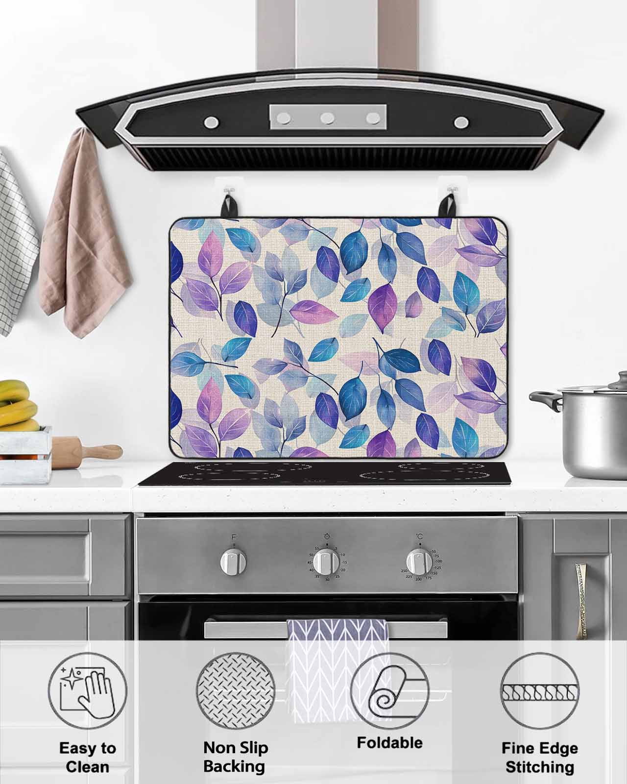 nqOlkjepod Large Induction Cooktop Protector Mat 24"x21", Blue Purple Leaves Stove Top Covers for Electric Stove, Botanical Abstract Color Retro Plants Stove Burner Cover Mats, Glass Top Stove Cover