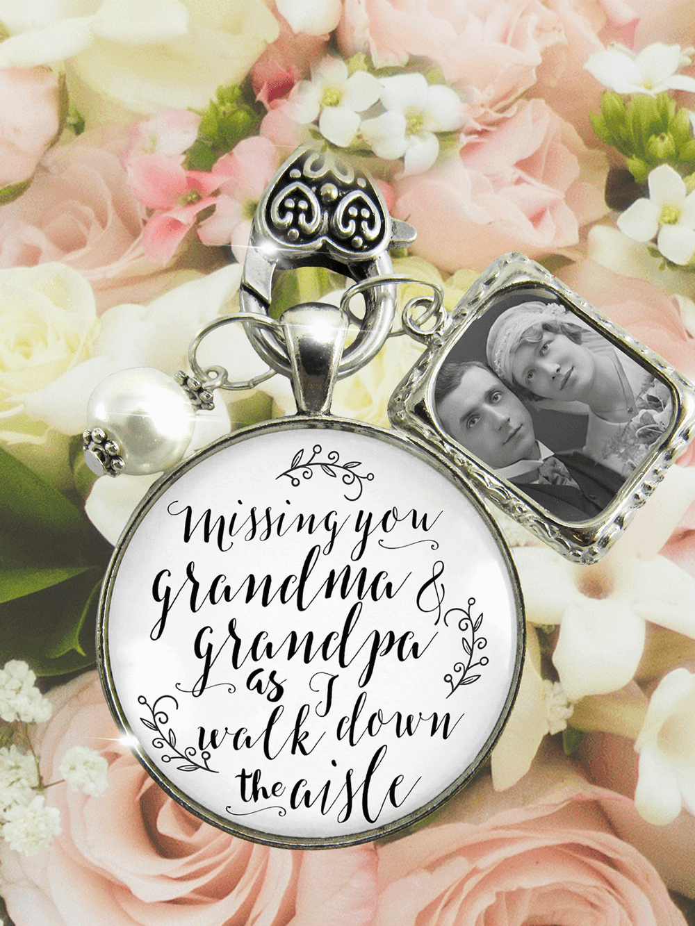 Bouquet Photo Charms for Wedding Memory Missing You Grandma Grandpa 1 Frame  Bronze Cream Glass Pendant Jewelry White Bead Honor Grandparents Loving