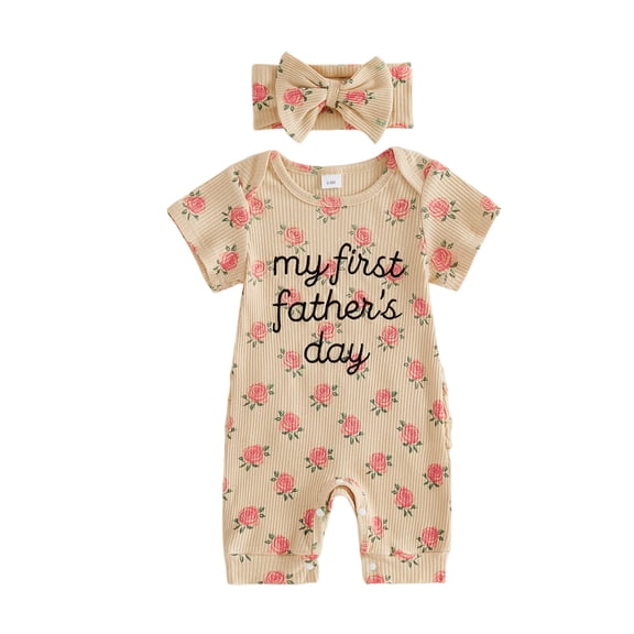 BemeyourBBs Newborn Baby Girl My First Fathers Day Outfit Baby Girl Summer Clothes Ribbed Romper Letter Embroidery Rose Print Short Sleeve Jumpsuit and Bow Headband 2Pcs Set