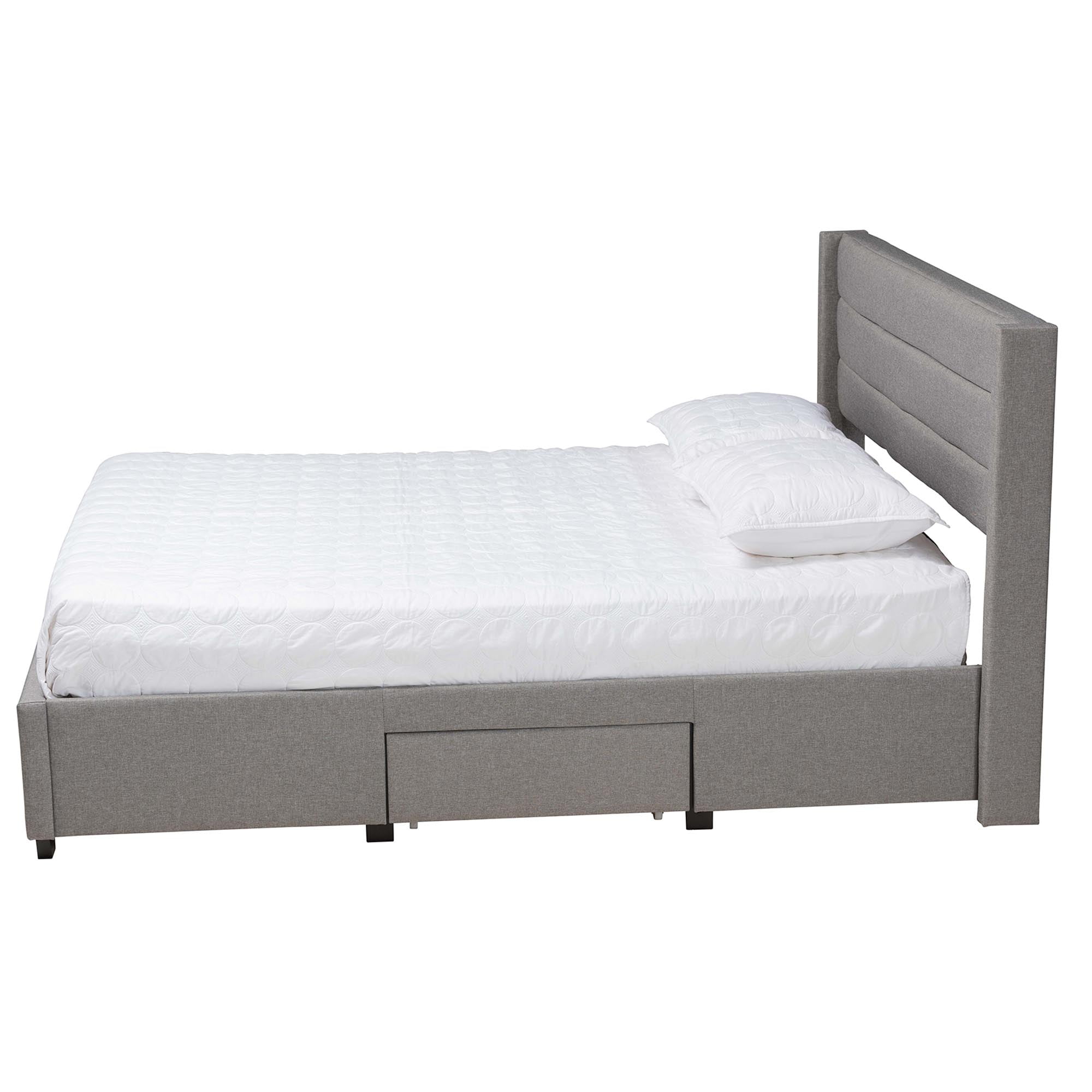 Baxton Studio Braylon Mid-Century Modern Transitional Light Grey Fabric and Dark Brown Finished Wood Queen Size 3-Drawer Storage Platform Bed