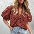 thumbnail image 5 of EFINNY Women's Summer Top Lantern Sleeve V-neck Button Up Shirts Hollow Out Lace Embroidered Blouse for Women, 5 of 8