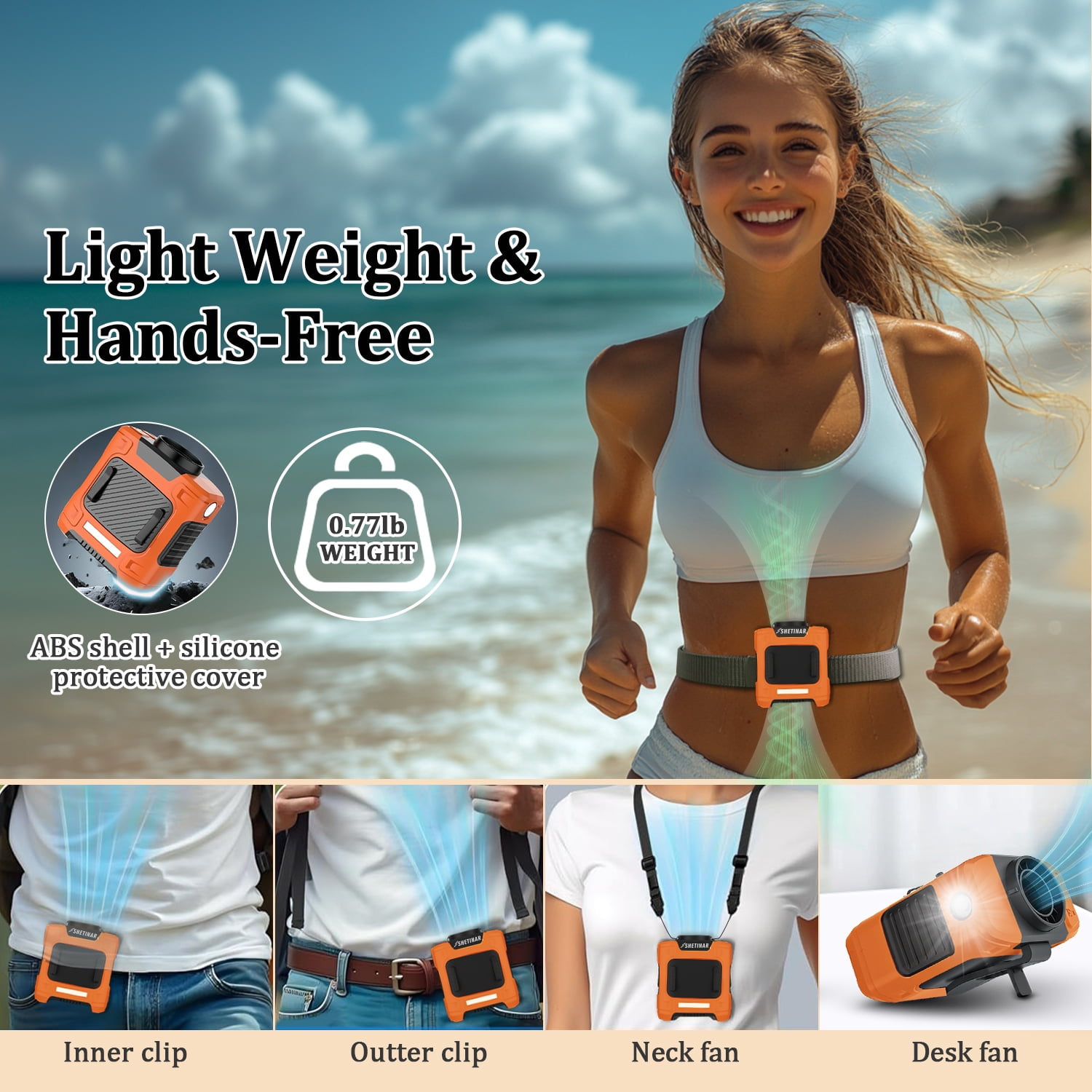 Shetinar 7-in-1 Powerful Portable Personal Fan with Waist Clip, 16000RPM Speed, 10000mAh Rechargeable, Mini Fan for Camping, Work and Outdoor Use (Orange)