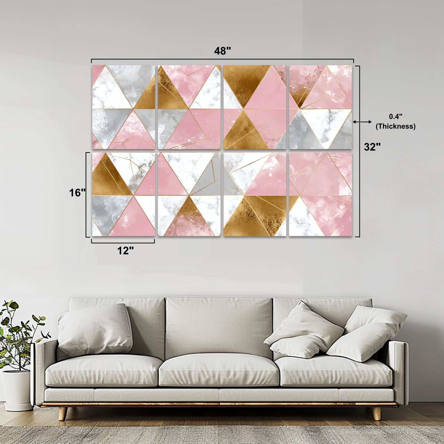Marble 8 Pack Art Acoustic Panels Sound Absorbing geometric lines rose gold gray pink marble triangles Decorative Soundproof Wall Panels Self Adhesive for Nursery Game Room Bedroom 48"x32"
