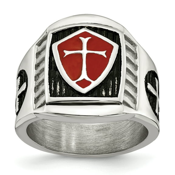 Primal Steel Stainless Steel Antiqued and Red Enamel Cross Shield Ring
