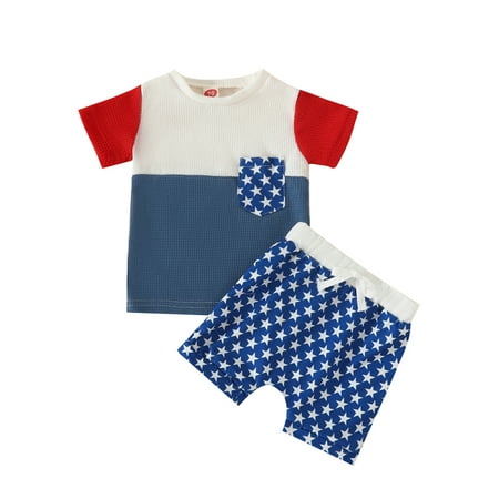 

GXFC Infant Baby Boys 4th of July Outfits Short Sleeve Contrast Color T-Shirts+Stars Print Short Pants Set Newborn Boys Independence Day Summer Clothes 2Pcs 3-24M