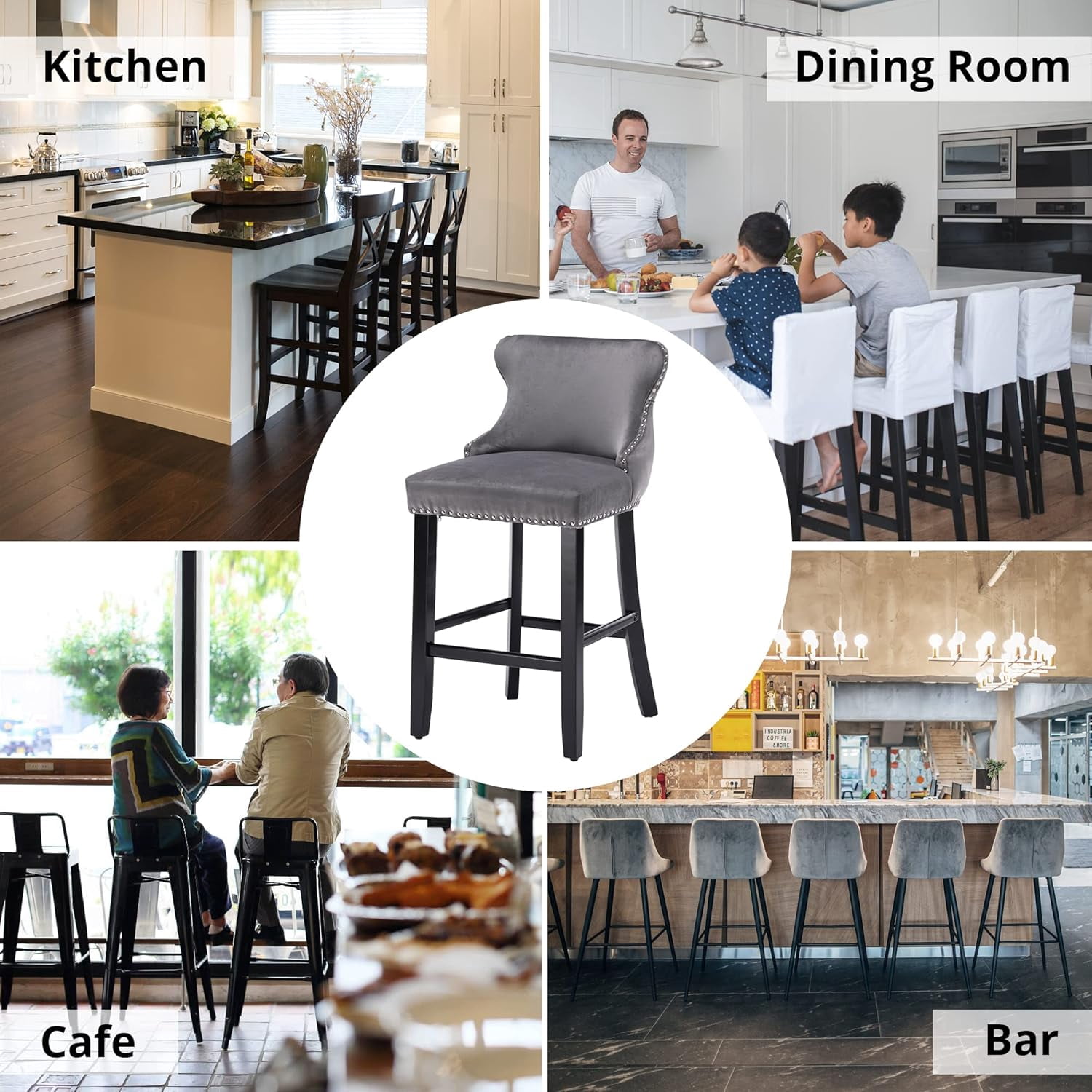 Velvet Wing-Back Bar Stools Set of 2, Button Tufted with Nailhead Trim & Solid Wood Legs, Counter Height Bar Chairs for Kitchen Island Dining Room Pub，Gray
