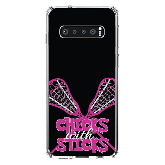 DistinctInk Clear Shockproof Hybrid Case for Samsung Galaxy S10 (6.1" Screen) - TPU Bumper, Acrylic Back, Tempered Glass Screen Protector - Hot Pink Lacrosse - Chicks with Sticks