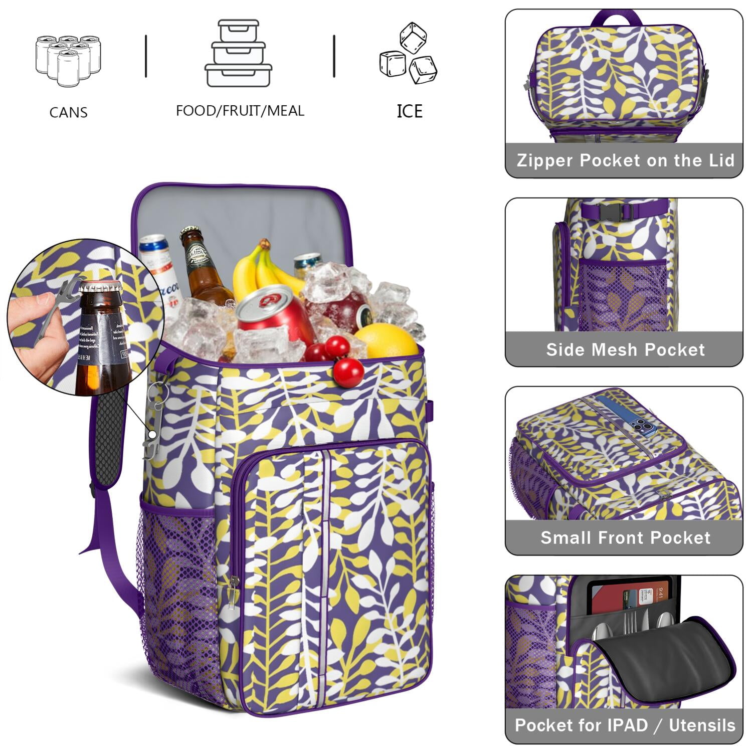 Travel Cooler Bag - Boho Bohemia Flower Camping Beer Cooler Backpack with Bottle Opener- Waterproof Insulated Picnic Backpacks - Cooler Bag for Beach