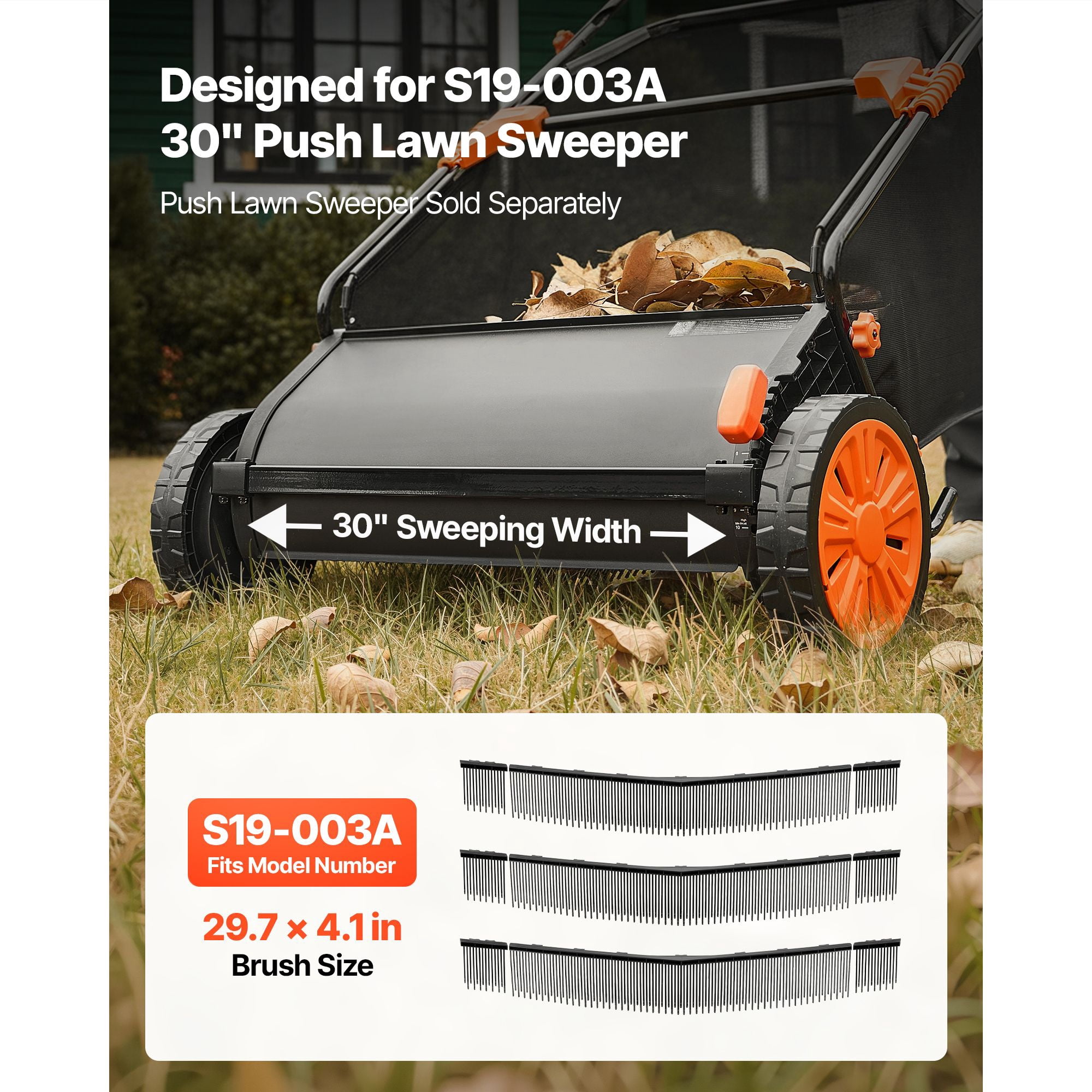 Lawn Sweeper Brush Replacement 3-Pack, V-Shaped Design for 30" Push Lawn Sweepers, Flat-Square Bristle for Acorns and Nuts, Quick-Release Mounting for Easy Installation