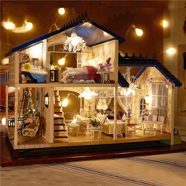 Miniature DIY Dollhouse 3D Doll House Kit Wooden Furnitures LED Light Music