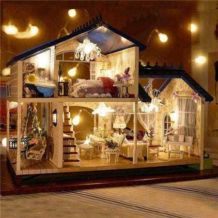 Music Led Light Miniature Provence Dollhouse Diy Kit Wooden Doll House Model Toy With Furniture Home Decoration