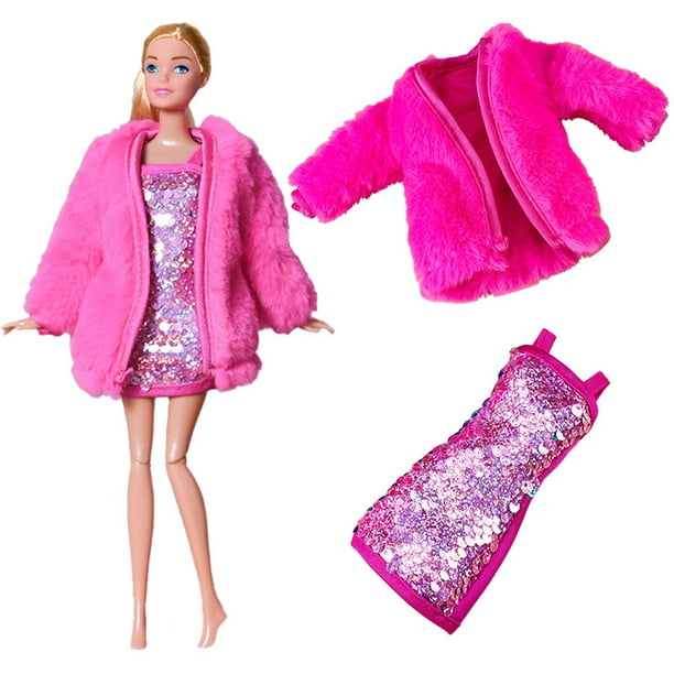 Ropa de muñeca para Barbies, traje diario, abrigo de felpa, chaqueta, vestido, sombrero, suéter, pantalones, pendientes, collar, Barbie, juguete para niña, 1 Juego(Not Include Doll E