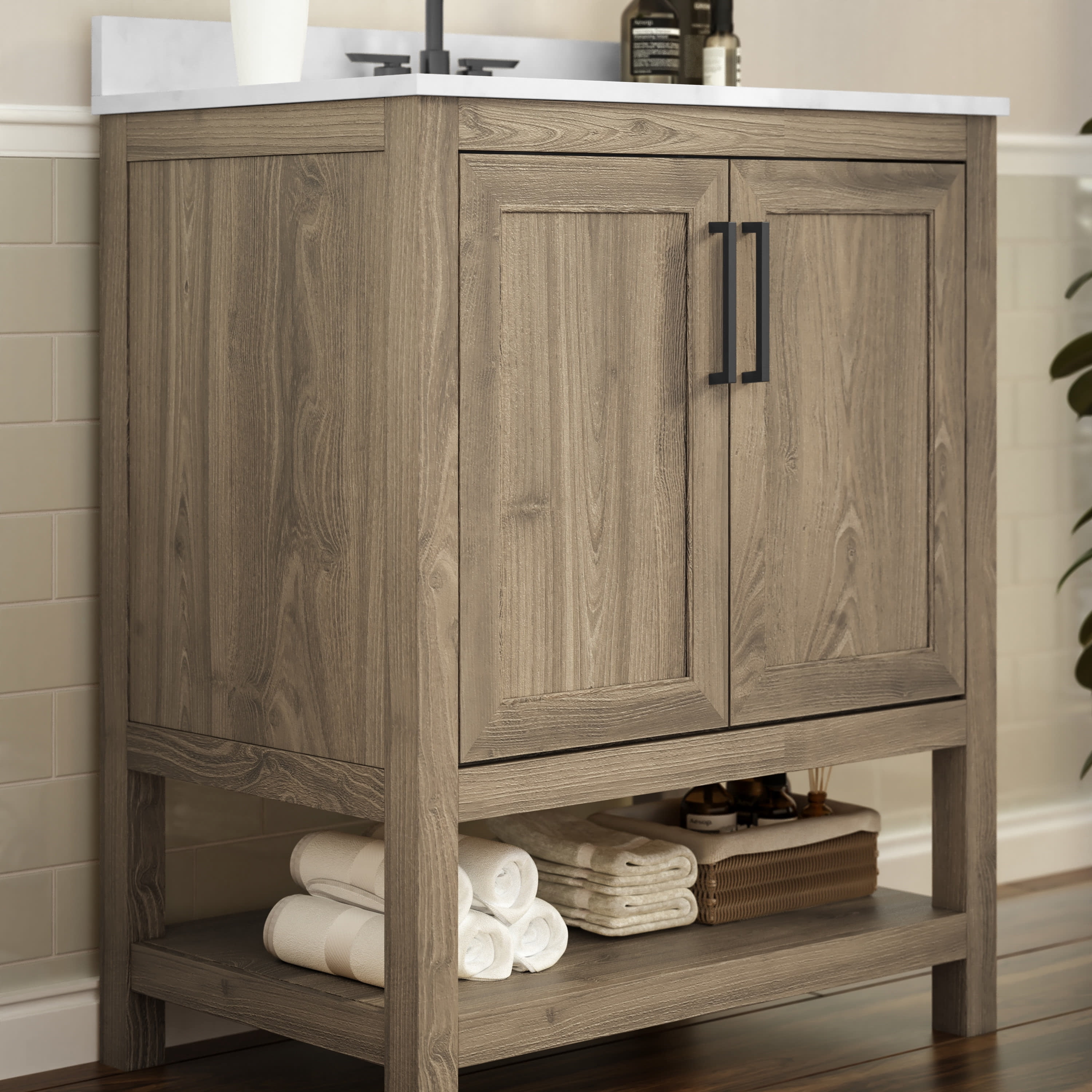 BizChair 30 Inch Bathroom Vanity with Sink Combo, Storage Cabinet with Soft Close Doors and Open Shelf, Carrara Marble Finish Countertop, Brown/White