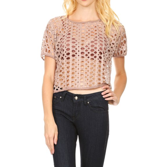 Women?s Short Sleeve Oversized Perforated Fishnet Holes Crop Top (Khaki, Large)