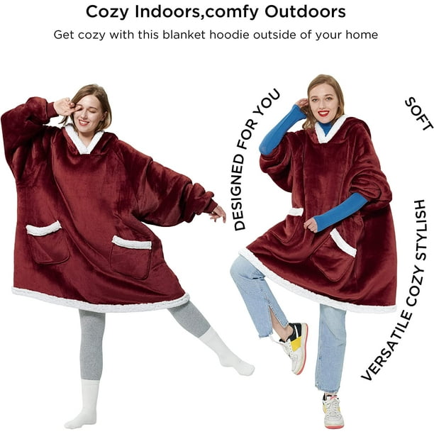 JM Sudadera con capucha portatil Manta con capucha de forro polar Sherpa para adulto como regalo sudadera calida y acogedora con bolsillo gigante interior y exterior estandar burdeos JM Walmart