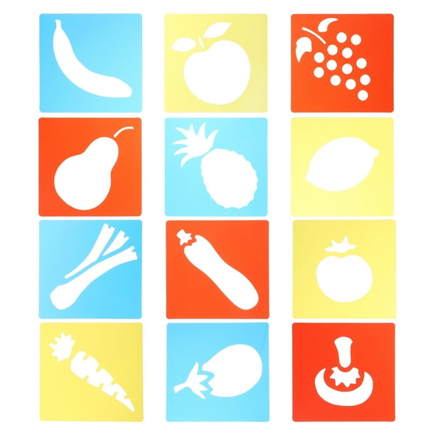 12 plantillas de plástico con temática de frutas y verduras, plantillas de tiza de formas primarias, lavables, para pintar, dibujar y manualidades infantiles