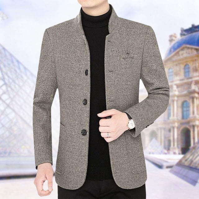 Ceisia Slim Fit Men's Stand-Collar Wool-Like Blazer for Casual & Business Gift