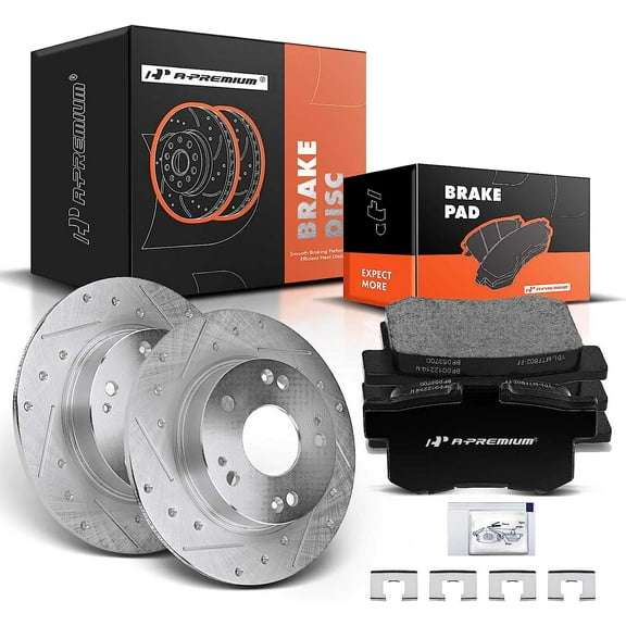 A-Premium 10.24 inch (260 mm) Rear Drilled and Slotted Disc Brake Rotors   Ceramic Pads Kit Compatible with Select Honda and Acura Models - Civic 2007-2015, CSX 2006-2011, ILX 2013-2015, 6-PC Set
