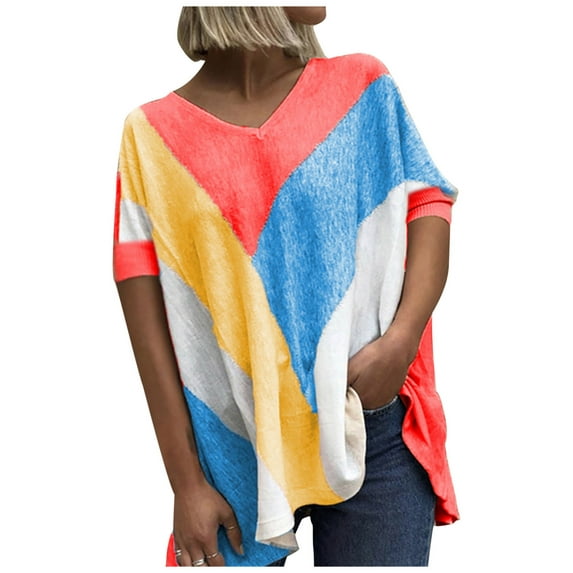 Bigersell Women's T Shirts Women's Tops Solid V-Neck Summer Casual Short Sleeve Big & Tall Button-Down V-Neck Short Sleeve Tunic Tops Style B22757, Red XXL